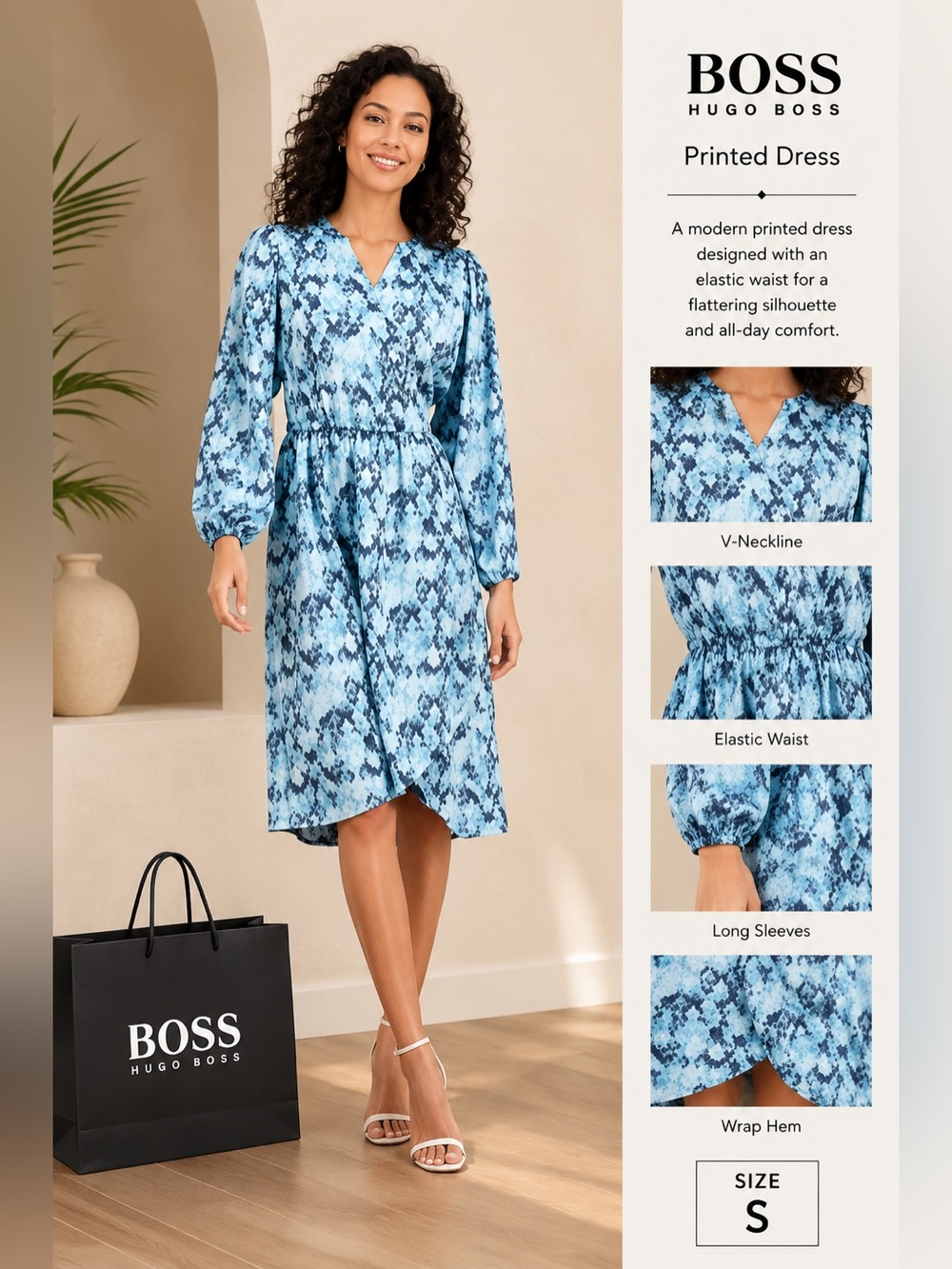 Hugo Boss Blue Printed Long-Sleeve Wrap Dress